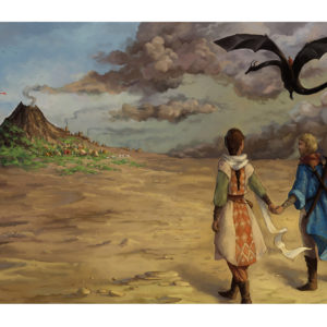 A fantasy painting of a man and a woman, holding hands as they walk toward the remains of a smoking volcano while dragons fly overhead.