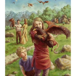 A fantasy illustration of a young woman holding a small gryphon in her arms, while behind her other people train their gryphons.