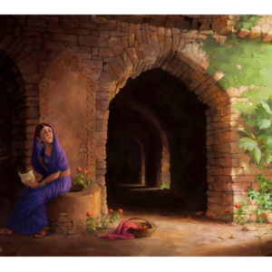 An illustration of a young Indian girl sitting in the shadow of an old fort, with light spilling from outside.