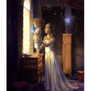 A fantasy illustration of a queen and her daughter looking out of a palace window, surrounded by magical stones.